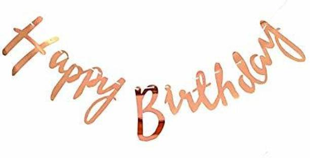FANEX Rose Gold Cursive Happy Birthday Banner for Decoration / Happy Birthday Bunting / Birthday Decoration Item / Birthday Letter Flag - 13 Letters Banner