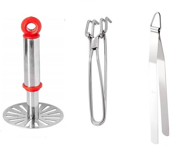 Gresspor Pack of 3 Steel Hand Masher, Wire Pakkad & Chimta Kitchen Tool Set Kitchen Tool Set