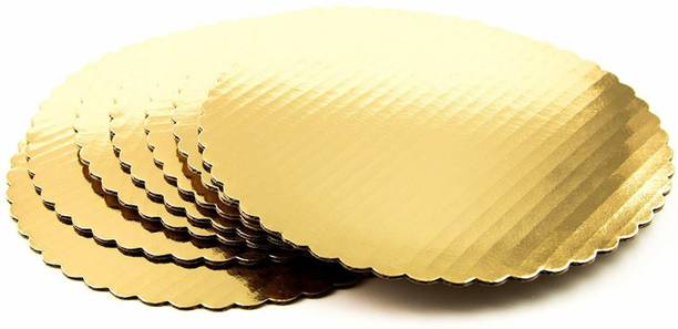 Curated Cart 8 INCHES Round Flower cut Cake Base Gold Paper Cake Server (Gold, Pack of 5) Wooden Cake Server