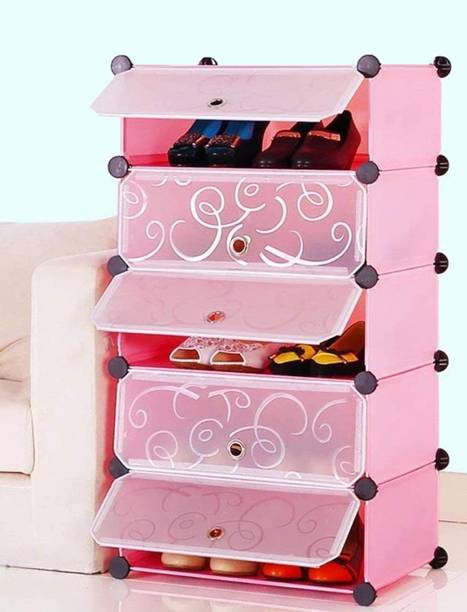 Sasimo Shoe Rack with Cover for Home/Office Wardrobe Cube Organizer Pink (10 Cube Pink) Plastic, Metal Collapsible Shoe Stand Plastic Collapsible Shoe Stand