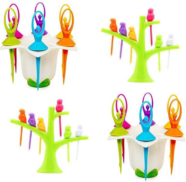 MOUNTHILLS Plastic Dancing Doll & Bird Fruit Fork Set With Stand, 6 PCS Fork Spoon Set in Each Stand (Multicolor, Pack Of 4) Disposable Plastic Fruit Fork Set