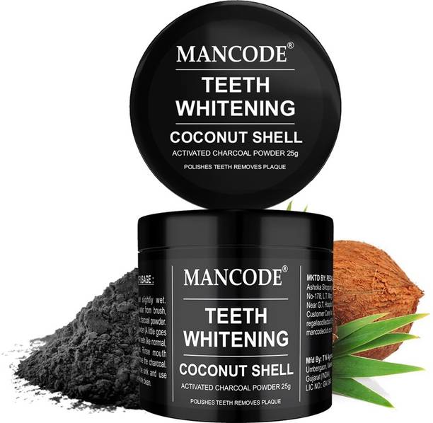 मैनकोड Organic Teeth Whitening Coconut Shell With Activated Charcoal Power, Polishes Teeth and Removes Plaque and Stains, Fight Cavities, Improves Breath With Mint Extract Teeth Whitening Kit, 25gm टीथ व्हाइटनिंग किट