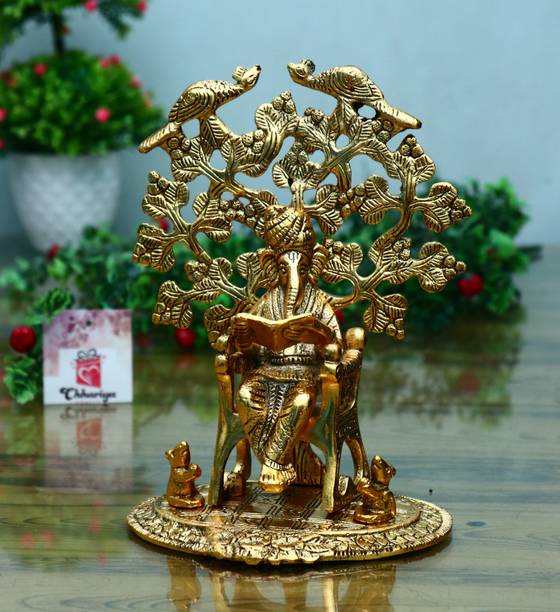 Chhariya Crafts Lord Ganesha Reading Ramayana Statue Hindu Ganesh Ganpati Sitting on Chair Under Tree Idol Sculpture for Home Office and Gifts Decor Decorative Showpiece - 22 cm