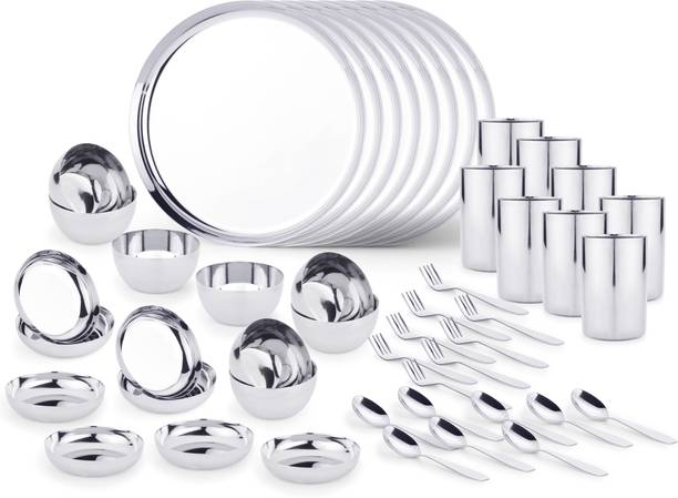 LIMETRO STEEL Pack of 48 Steel Stainless Steel High Quality 48 pcs Dinner Set (8 Dinner Plates, 8 Halva Plates, 8 Bowl/ Wati, 8 Glasses, 8 Spoons, 8 Forks, ) Dinner Set