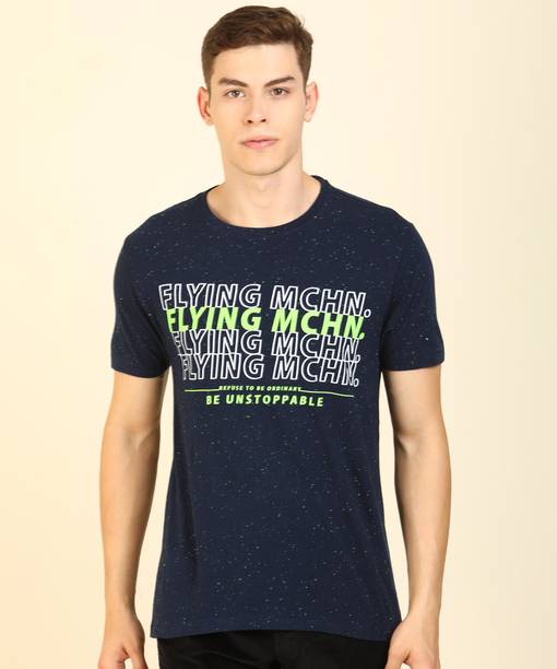 Men Typography Round Neck Cotton Blend Blue T-Shirt