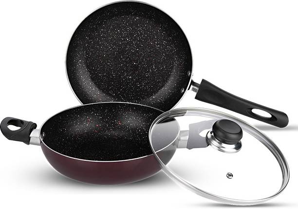 VINOD 2 Pieces Supreme Frying pan / Kadhai Induction Bottom Non-Stick Coated Cookware Set