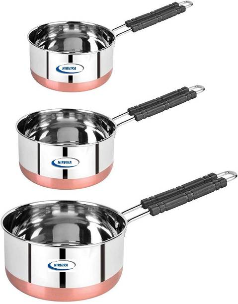 Nirvika Stainless Steel Copper bottom Sauce Pan / MILK PAN / TEA PAN/PATILA/BHAGONA 3 pcs 22 gauge COMBO SET Capacity:- 1 liter, 1.5 liter, 2 Liter (stainless steel, copper,) कुकवेयर सेट