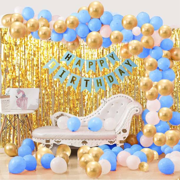 chikki products Printed Happy Birthday Blue Banner 30 Pc Mettalic Balloon 2 Shiny Golden Fringe Balloon