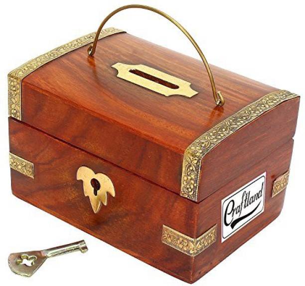 Craftland Wooden Money Box with Lock Brass Strips Saving Bank Coin Box Children Gifts Coin Bank