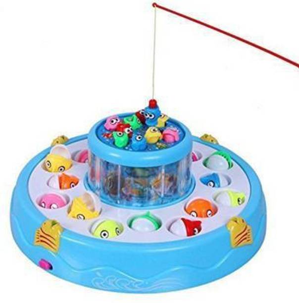 Ysiya Fishing Fish-Catching Game with 26 Pieces Fishes, 2 Rotary Ponds and 4 Pods with Music and Light Function (Multicolour) Billiards