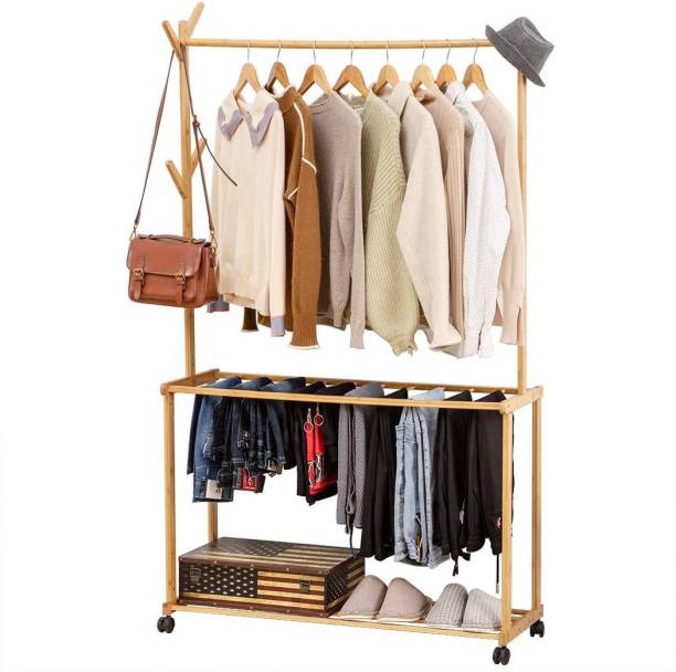 Naayaab Craft Rolling Coat Rack, Bamboo Garment Rack, Clothes Hanging Rail with 2 Shelves 4 Hooks, for Shoes, Hats and Scarves, in The Hallway, Living Room, Guest Room (Size : 80x37x175cm) Bamboo Coat and Umbrella Stand