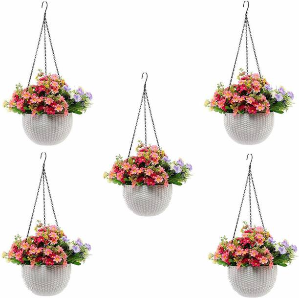 HNB 6" Woven Design Hanging Euro Basket Planters Indoor Outdoor Hanging Flower Plant Container Pot with Hanging Chain Plant Container Set