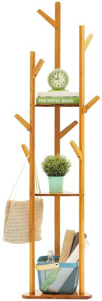 Naayaab Craft Bamboo Tree Clothe Garment Stand, 3-Tier Storage Shelves with Hooks, Coat Hanger Bamboo Coat and Umbrella Stand