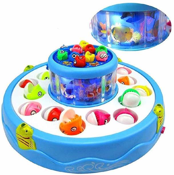 AVYUKT Fishing Fish-Catching Game with 26 Pieces Fishes, 2 Rotary Ponds and 4 Pods(Multicolor) with Music and Light Function