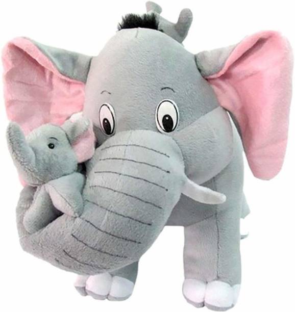 RAJESHTHANI Stuffed Spongy Huggable Soft Mother Elephant with Tow Babies -36 cm (Grey)  - 36 cm