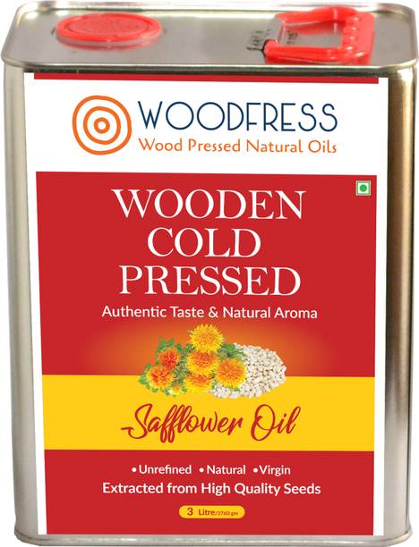 WOODFRESS Wooden Cold Pressed Safflower Oil 3L - Kardai, Kardi, Kusum ka Tel (Wood Pressed / Lakdi Ghani / Marachekku) Safflower Oil