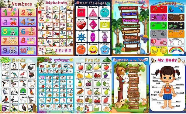 Xpresssion Decor ABC alphabet,number 1-10,month of year,days of week,my body,hindi varnmala,birds,coours,shapes and fruits Charts Educational poster Paper Print