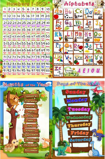 Xpresssion Decor set of 4 ABC alphabet,number 1-100,month of year and days of week Charts Educational poster (muiticolour 12x18 rolled paper) Paper Print