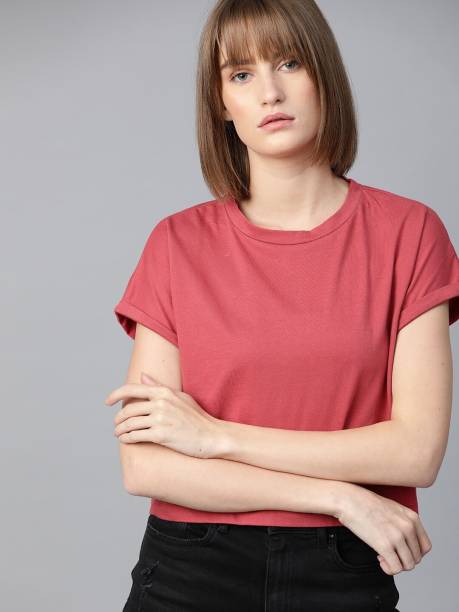Women Solid Round Neck Pure Cotton Pink T-Shirt Price in India