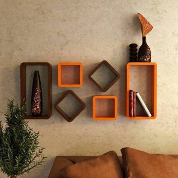 OnlineCraft wooden 6 KA SET (ORANGE+BROWN) Wooden Wall Shelf