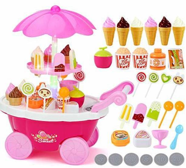 himanshu tex Luxury Sweet Shopping Battery Operated Big Size 39 Pcs Ice Cream Trolley Pretend Roll Plastic Play Set with LED Lights and Music Learning and Educational Toy for Kids (39 Pcs icecream)