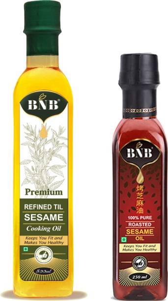 BNB Premium Refined Sesame Oil (500 ML) & Roasted Sesame Oil(250 ML)| Refined Til Oil &Toasted Sesame Oil |Antioxidant|100% Pure | Premium 2 Combo Pack (750 ML) Sesame Oil PET Bottle