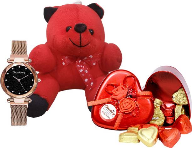 Chocoloony Red Heart Chocolate Box, Magnet Belt Watch With Teddy Bear Gift Pack for Girls, Wife, Sister and Girlfriend Iron Gift Box