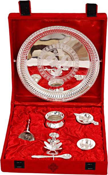 IndianArtVilla Om Design Silver Plated Pooja Aarti Thali Set, Poojan Purpose, 7 Pieces Silver Plated