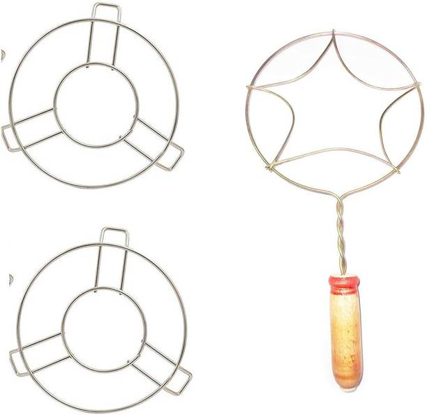 lookat Hot Pot Stand ( Set Of 2 ) Stainless Steel Heat Resistant Hot Pan/Pot Stand with Jali Roti Roast Grill Papad Roaster Chapati Toast Grill Wooden Handle paneer tandoor net Style Trivet