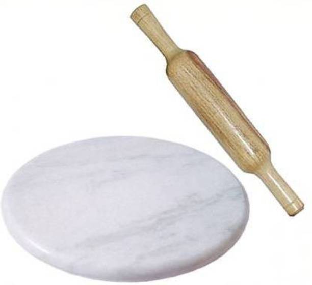 SHIVAYE COLLECTION RJ kitchenware Store White Marble Roti Maker with Wooden Belan/White Marble Rolling Pin & Board