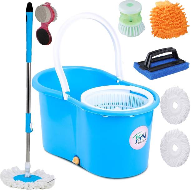 JSN Classic Magic Cleaning Spin Bucket Mop for Floor & Home Cleaning Dry Bucket Mop with 3 Refill and 1 Tile Brush 1 Washbasin Brush 1 Foot Care Brush 1 Microfiber Gloves Mop Mop Set