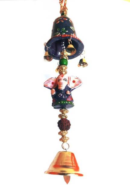 Raj Shai Craft Car Rear View Jhumer Mirror Decor Decorative JHOOMAR Wind Chime Hanging Bell Elephant Jhumer Blue Colour Full Door,wall hanging for Home,tample,Event Decoration (39x5x5cm) (paper mache) Decorative Showpiece  -  28 cm
