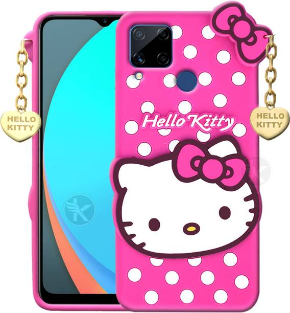 Kreatick Back Cover for Realme C15 - Hello Kitty Case | 3D Cute Doll | Soft Girl Back Cover with Pendant