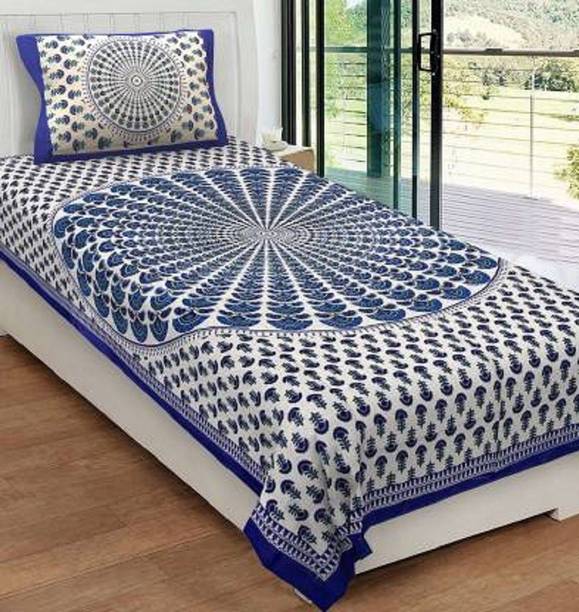 RIYA FABRICS Cotton Single Flat 104 TC Jaipuri Prints 1 Bedsheet with 2 Pillow Covers