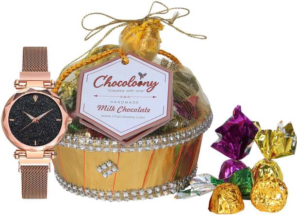 Chocoloony Chocolate Gift Pack Women Girls 20pcs Chocolate with Watch (120gm) Bamboo Gift Box