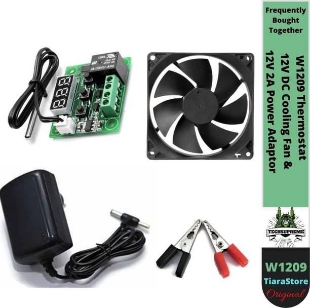 TechSupreme W1209 Digital Thermostat Temperature Sensor-12V 2A Power Adaptor Power Supply Ac Input 100-240V Dc Output 12Volt 2Amps &12V DC Cooling Fan+ CROCODILE CLIP Temperature Sensor and Controller Electronic Hobby Kit