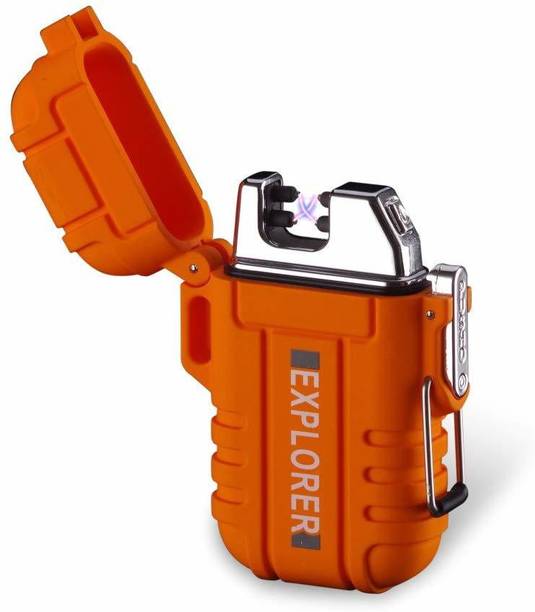 Explorer Pocket Size Elegant Design Lighter Flame-less Double ARC Rechargeable Cigarette Waterproof Lighter with USB Charging Cable | Tangerine Orange Color Cigarette Lighter
