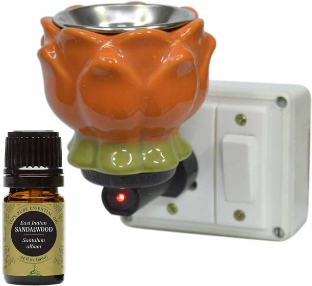FStyler Sandalwood Aroma Oil Diffuser Set Electric Lotus Kapoor Dani/Ceramic Aroma Oil Diffuser/Kapoor Dani Incense Burner for Positive Energy & Ambiance Steel, Ceramic, Plastic, Borosilicate Glass Incense Holder Set with Sandalwood Aroma Oil 10ml (Multicolor)