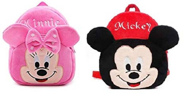 SRMAJI STORE Velvet 10 L Soft Plush Mickey Mosue & Minnie Mouse Cartoon School Bag Combo for Kids School Nursery Picnic Plush Bag