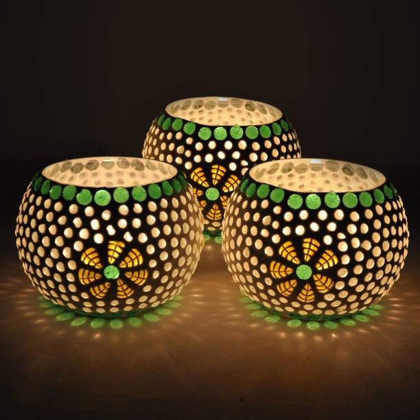 TIED RIBBONS Mosaic Glass Votive Tealight Candle Holders for Home Office Décor Diwali Glass 3 - Cup Tealight Holder Set