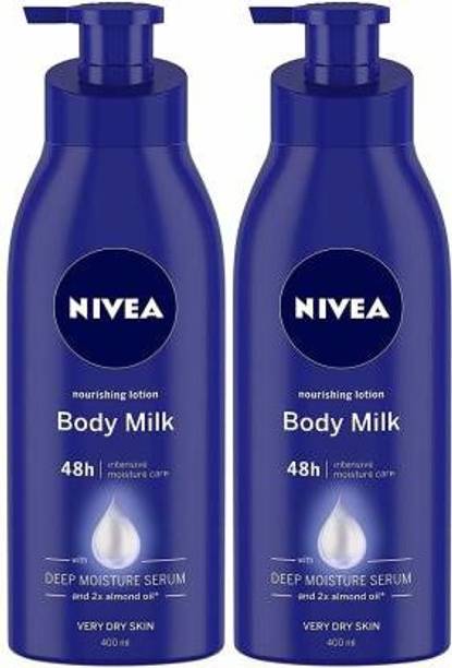 NIVEA Nourishing Lotion Body Milk With Deep Moisturizer Serum and 2x Almond Serum (400ml each, 2 Pack)