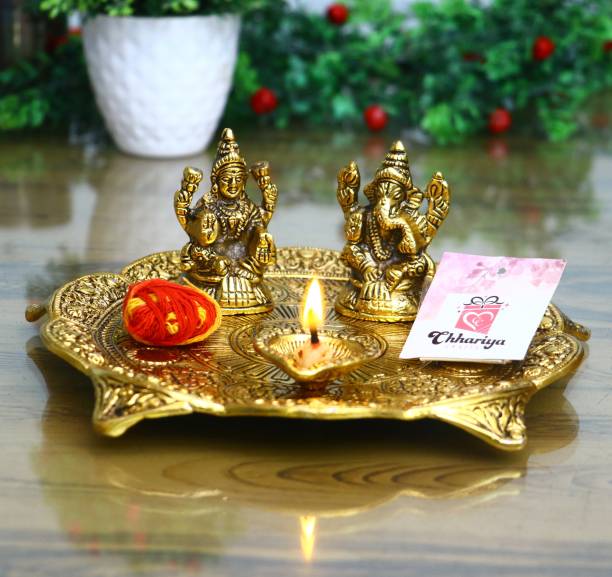 Chhariya Crafts Pooja Thali With Laxmi Ganesh Idol And Diya For Home And Office Aluminium