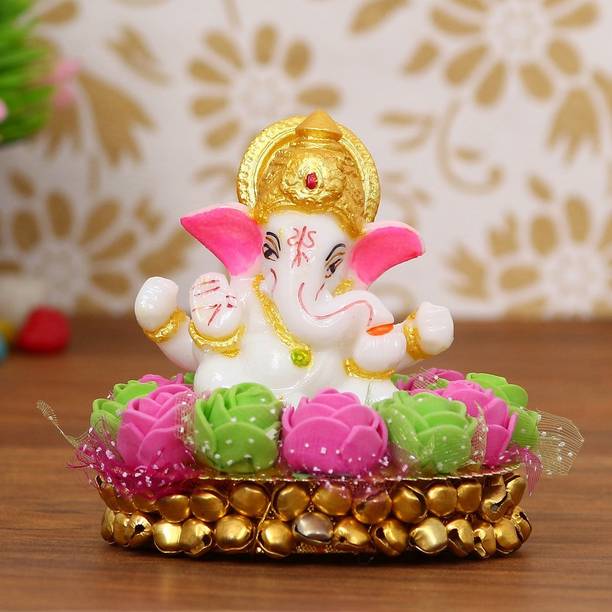 Flipkart SmartBuy Lord Ganesha Idol on Decorative Handcrafted Plate with Pink and Green Flowers Decorative Showpiece  -  8 cm