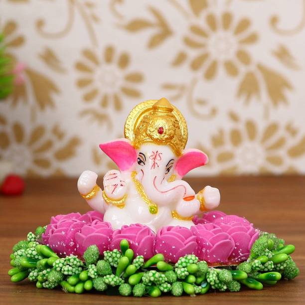 Flipkart SmartBuy Lord Ganesha Idol on Decorative Handcrafted Plate with Pink Flowers Decorative Showpiece  -  8 cm