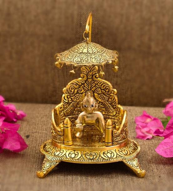 HOUZZPLUS Handicraft Krishna Ladoo / Laddu Bal Gopal White Metal Sihasan ,Metal Singhasan , Ladoo Gopal Singhasan, Religious Puja Gifts and Decor , Showpiece Metal Home Temple