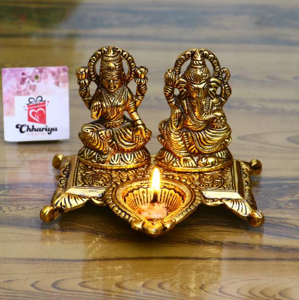 Chhariya Crafts Laxmi Ganesh With Diya Statue Idol Murti in Metal Decorative Showpiece  -  15 cm
