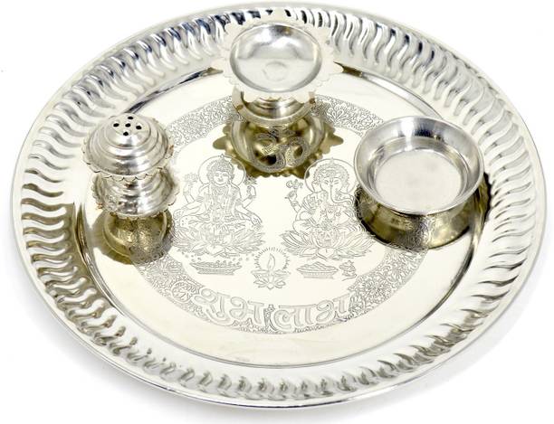ME&YOU Silver Plated Pooja thali for Diwali Pooja | Navratras | Dhanteras | Bhaidooj and Gift for Friends & Relative Silver Plated