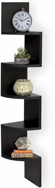 ONWAYSHOPPING Zig-Zag Corner Black Wooden Wall Shelf