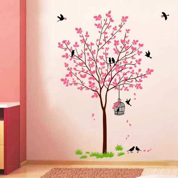 Decal O Decal 1 cm Wall Decals ' Pink Tree With Birds Cage And Nest '(PVC Vinyl,Multicolour) Self Adhesive Sticker