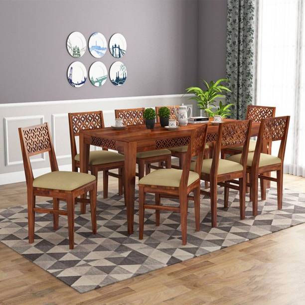 Mooncraft Furniture Wooden Dining Table with 8 Chairs Solid Wood 8 Seater Dining Set